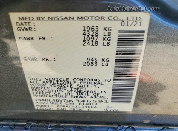 1N4BL4DV7MN346591 2021 NISSAN ALTIMA Gray VIN կոդի պիտակի տեսք