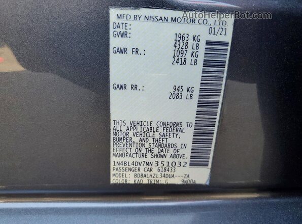 1N4BL4DV7MN351032 2021 NISSAN ALTIMA Серый Вид наклейки с VIN-кодом
