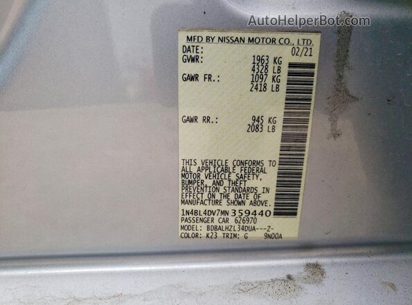1N4BL4DV7MN359440 2021 NISSAN ALTIMA Silver ძრავის განყოფილების ხედი