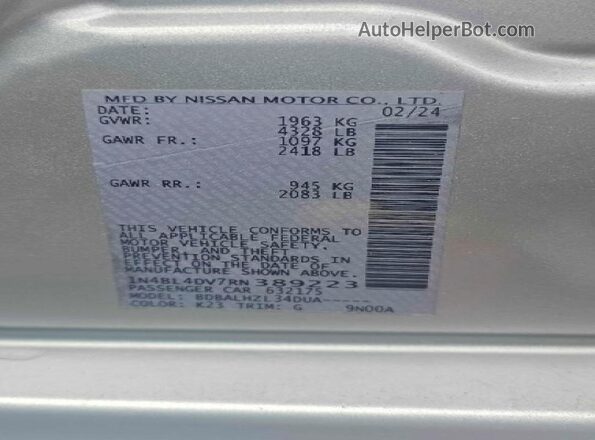 1N4BL4DV7RN389223 2024 NISSAN ALTIMA Silver Вид задніх сидінь