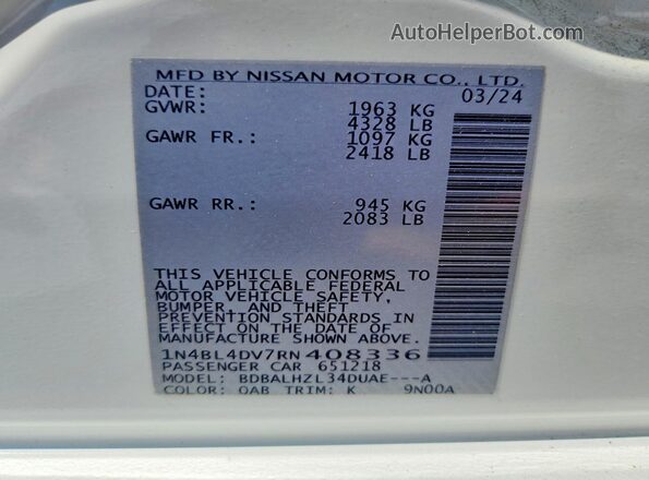 1N4BL4DV7RN408336 2024 NISSAN ALTIMA White ძრავის განყოფილების ხედი