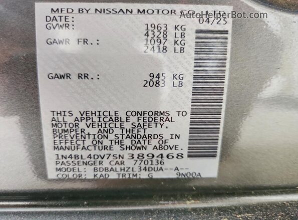 1N4BL4DV7SN389468 2025 NISSAN ALTIMA Gray Widok naklejki z numerem VIN