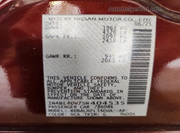 1N4BL4DV7SN404535 2025 NISSAN ALTIMA Maroon Widok komory silnika