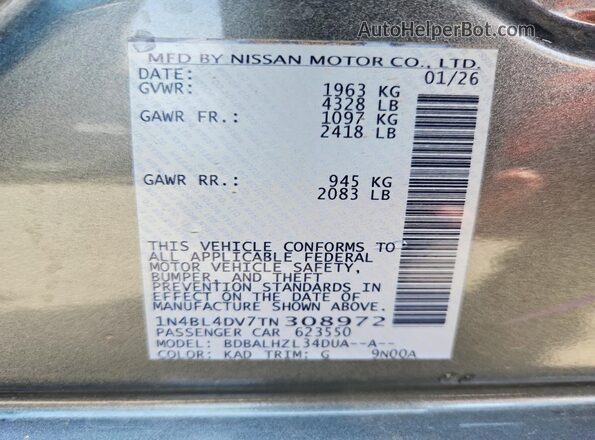 1N4BL4DV7TN308972 2026 NISSAN ALTIMA Charcoal Widok naklejki z numerem VIN