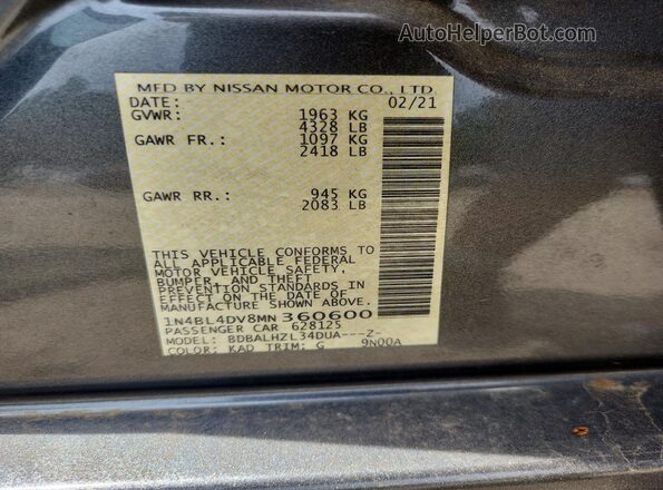 1N4BL4DV8MN360600 2021 NISSAN ALTIMA Gray Вид наклейки з VIN-кодом