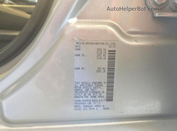 1N4BL4DV8SN366457 2025 NISSAN ALTIMA Silver VIN sticker view