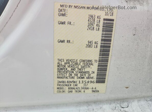 1N4BL4DV9KC135496 2019 NISSAN ALTIMA White ძრავის განყოფილების ხედი