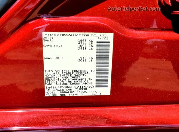 1N4BL4DV9NN320592 2022 NISSAN ALTIMA Red Vista del compartimento del motor