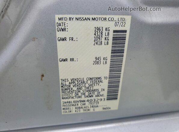1N4BL4DV9NN403293 2022 NISSAN ALTIMA Silver Вид підкапотного простору