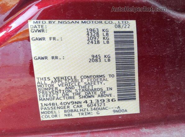 1N4BL4DV9NN413936 2022 NISSAN ALTIMA Red Вид підкапотного простору