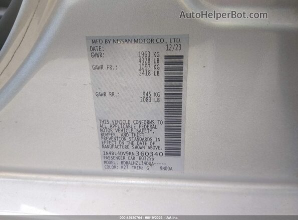 1N4BL4DV9RN360340 2024 NISSAN ALTIMA Silver Widok komory silnika