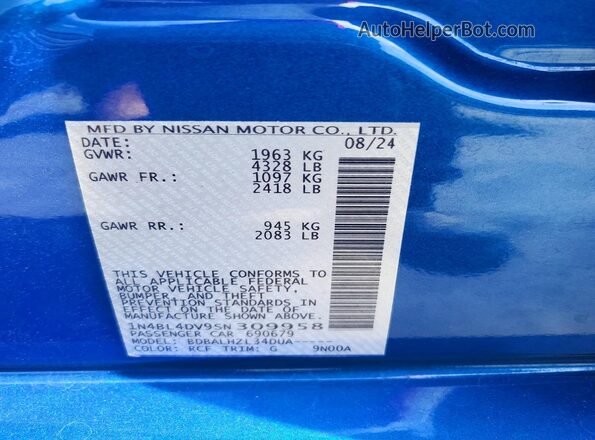 1N4BL4DV9SN309958 2025 NISSAN ALTIMA Blue Vista del compartimento del motor