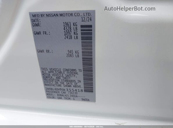 1N4BL4DV9SN355418 2025 NISSAN ALTIMA Белый Вид подкапотного пространства