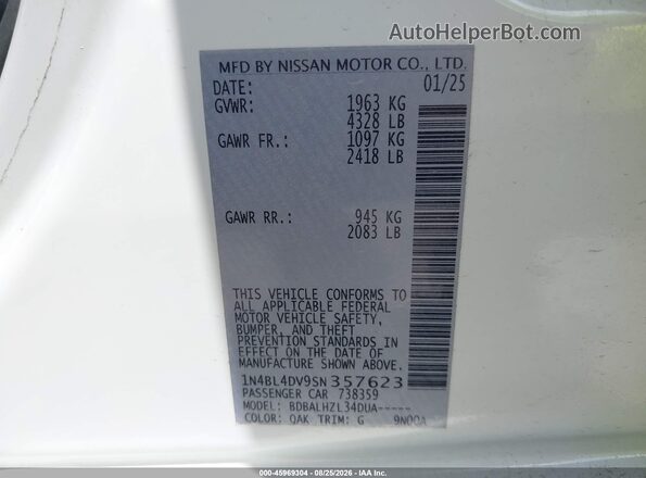 1N4BL4DV9SN357623 2025 NISSAN ALTIMA White Vista del compartimento del motor