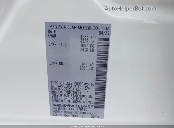 1N4BL4DV9SN389956 2025 NISSAN ALTIMA White Widok komory silnika