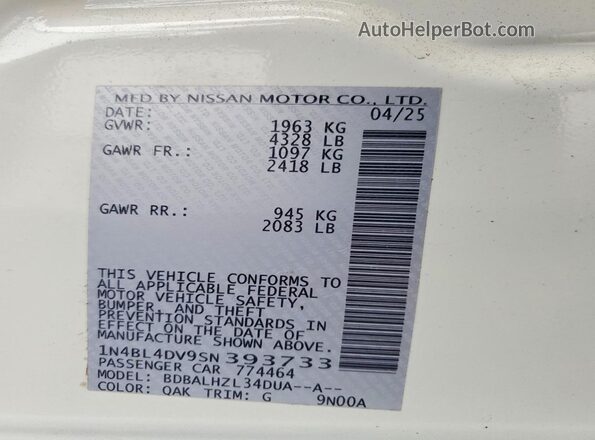 1N4BL4DV9SN393733 2025 NISSAN ALTIMA White ძრავის განყოფილების ხედი