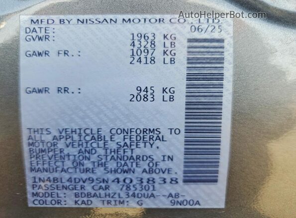 1N4BL4DV9SN403838 2025 NISSAN ALTIMA Gray Widok naklejki z numerem VIN