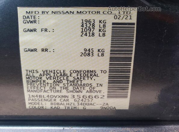 1N4BL4DVXMN356662 2021 NISSAN ALTIMA Gray VIN կոդի պիտակի տեսք