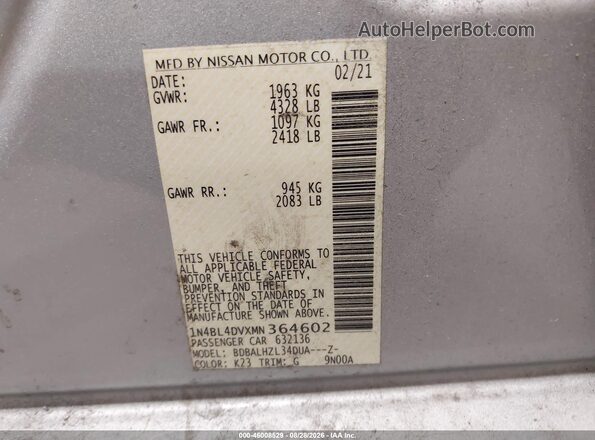 1N4BL4DVXMN364602 2021 NISSAN ALTIMA Silver Vista del compartimento del motor