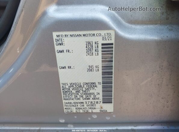 1N4BL4DVXMN378287 2021 NISSAN ALTIMA Silver Vista del compartimento del motor