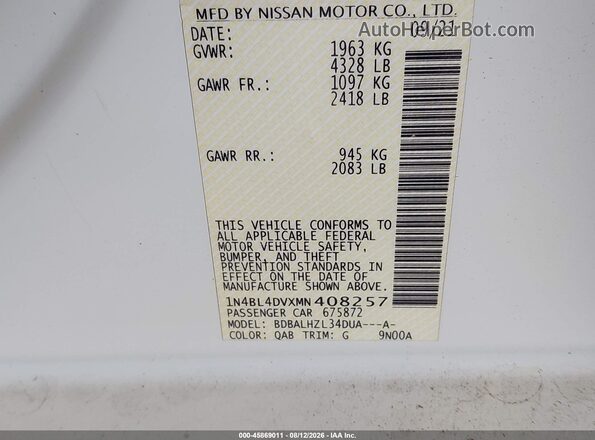 1N4BL4DVXMN408257 2021 NISSAN ALTIMA White Շարժիչի բաժամունքի տեսք