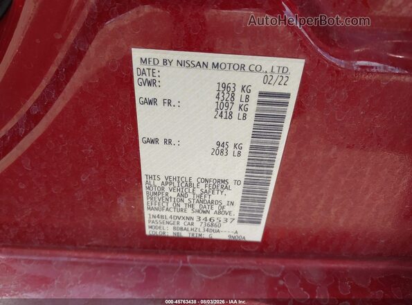 1N4BL4DVXNN346537 2022 NISSAN ALTIMA Красный Вид подкапотного пространства