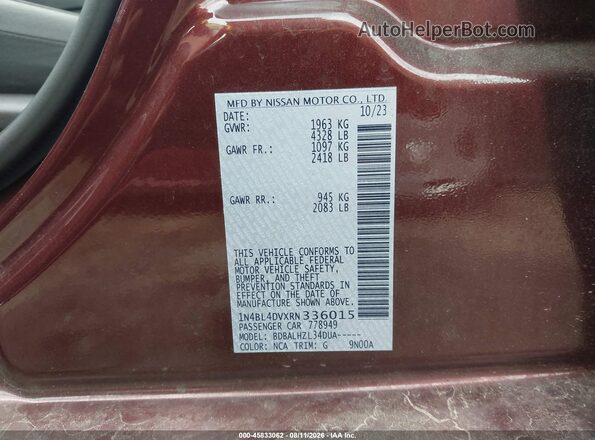 1N4BL4DVXRN336015 2024 NISSAN ALTIMA Темно-бордовый Вид подкапотного пространства