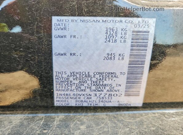 1N4BL4DVXSN377802 2025 NISSAN ALTIMA Black Vista de la etiqueta del VIN