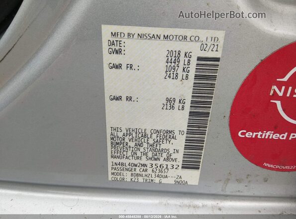 1N4BL4DW2MN356132 2021 NISSAN ALTIMA Серебряный Вид подкапотного пространства
