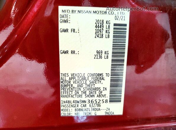 1N4BL4DW3MN365258 2021 NISSAN ALTIMA Burgundy ძრავის განყოფილების ხედი