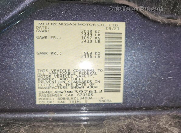 1N4BL4DW3MN397613 2021 NISSAN ALTIMA Gray Engine compartment view