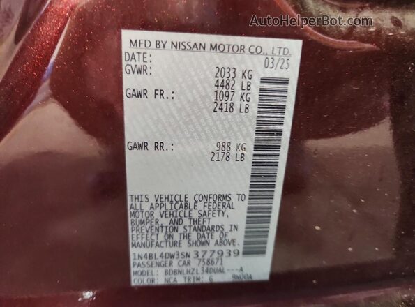 1N4BL4DW3SN377939 2025 NISSAN ALTIMA Burgundy Vista de la etiqueta del VIN