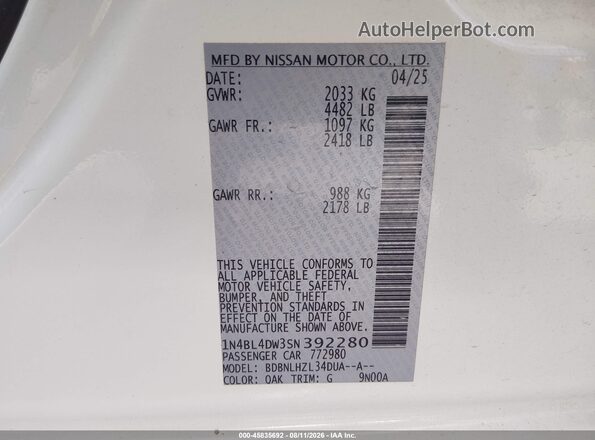 1N4BL4DW3SN392280 2025 NISSAN ALTIMA White Engine compartment view
