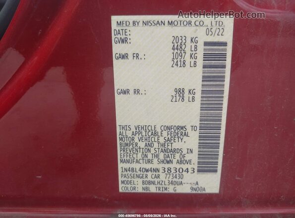 1N4BL4DW4NN383043 2022 NISSAN ALTIMA Red ძრავის განყოფილების ხედი