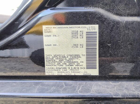 1N4BL4DW5MN318930 2021 NISSAN ALTIMA Черный Вид спереди