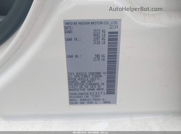 1N4BL4DW5SN353271 2025 NISSAN ALTIMA White Շարժիչի բաժամունքի տեսք