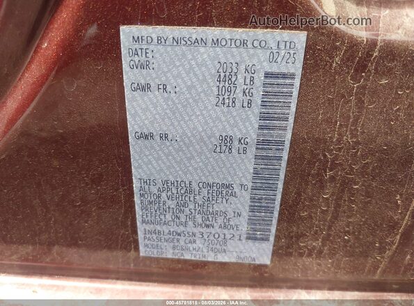 1N4BL4DW5SN370121 2025 NISSAN ALTIMA Maroon Engine compartment view
