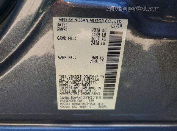 1N4BL4DW6KC200765 2019 NISSAN ALTIMA Gray Vista de la etiqueta del VIN