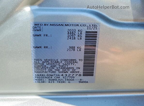 1N4BL4DW7SN432778 2025 NISSAN ALTIMA Silver VIN კოდის სტიკერის ხედი