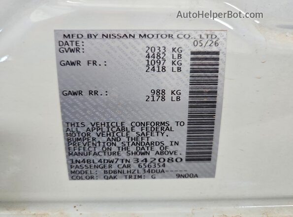 1N4BL4DW7TN342080 2026 NISSAN ALTIMA White ძრავის განყოფილების ხედი
