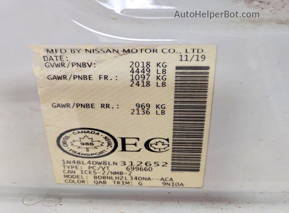 1N4BL4DW8LN312652 2020 NISSAN ALTIMA White Engine compartment view