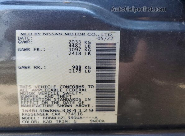 1N4BL4DW8NN384129 2022 NISSAN ALTIMA Серый Вид наклейки с VIN-кодом