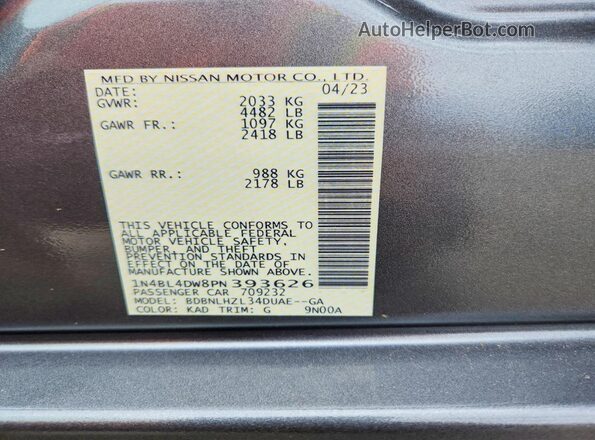 1N4BL4DW8PN393626 2023 NISSAN ALTIMA Gray Շարժիչի բաժամունքի տեսք