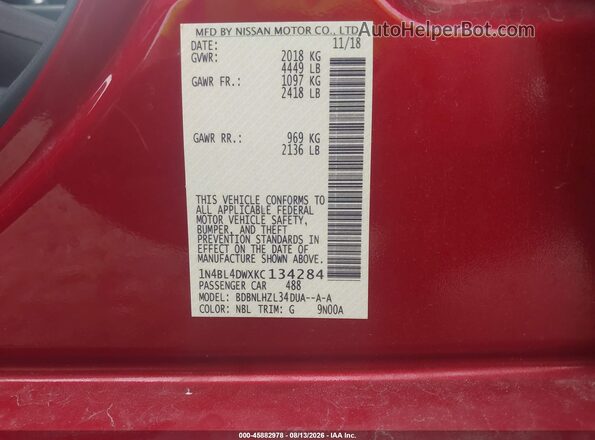 1N4BL4DWXKC134284 2019 NISSAN ALTIMA Red ძრავის განყოფილების ხედი