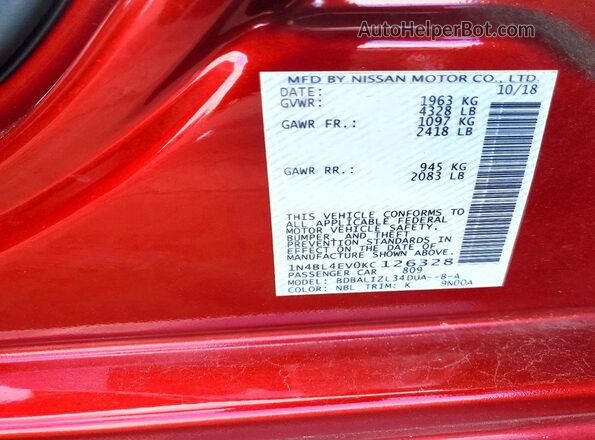 1N4BL4EV0KC126328 2019 NISSAN ALTIMA Red ძრავის განყოფილების ხედი