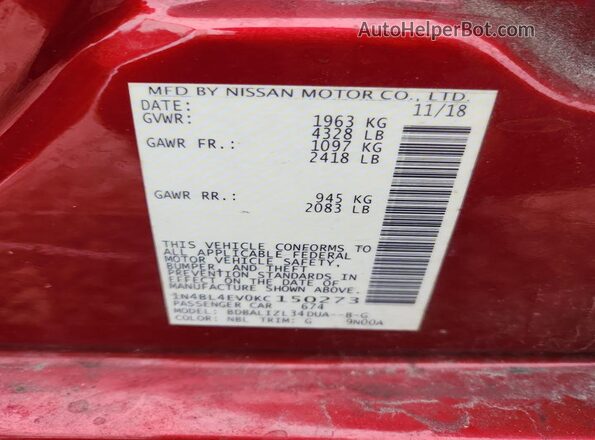 1N4BL4EV0KC150273 2019 NISSAN ALTIMA Красный Вид наклейки с VIN-кодом