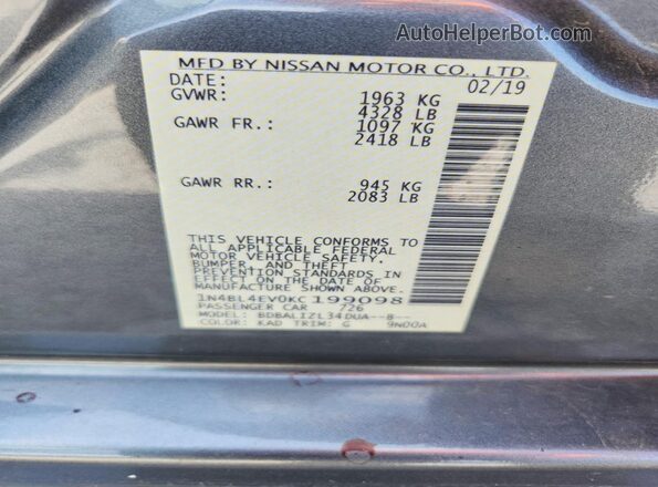 1N4BL4EV0KC199098 2019 NISSAN ALTIMA Серый Вид подкапотного пространства