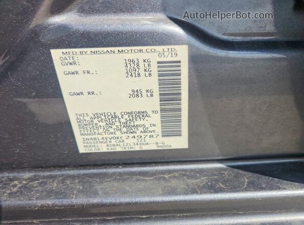 1N4BL4EV0KC249787 2019 NISSAN ALTIMA Charcoal ძრავის განყოფილების ხედი