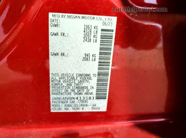 1N4BL4EV0PN413583 2023 NISSAN ALTIMA Burgundy Vista del compartimento del motor