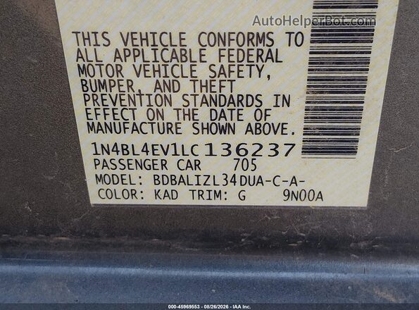 1N4BL4EV1LC136237 2020 NISSAN ALTIMA Gray Engine compartment view